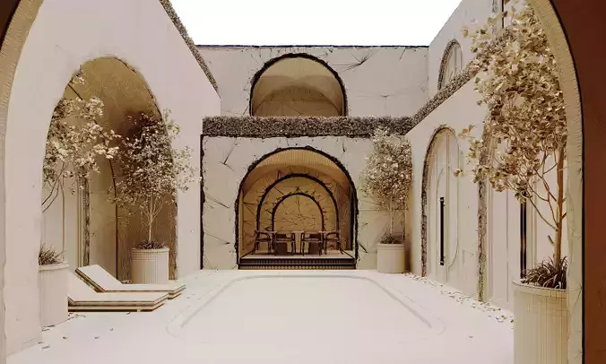 Elegant Moroccan Mediterranean Courtyard Pool  3D model 2