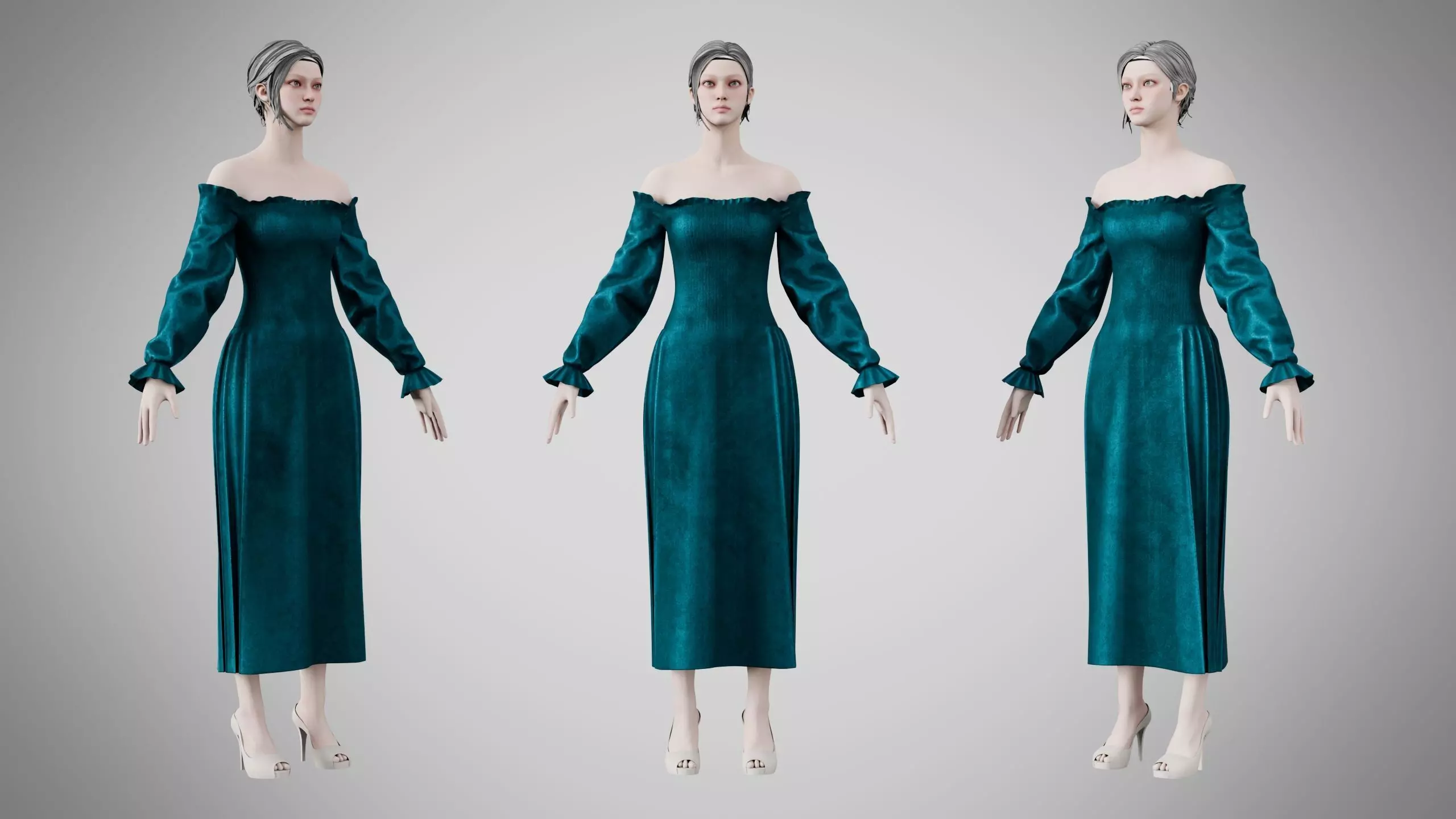 Dress 13 Teal Velvet Low-poly 3D model