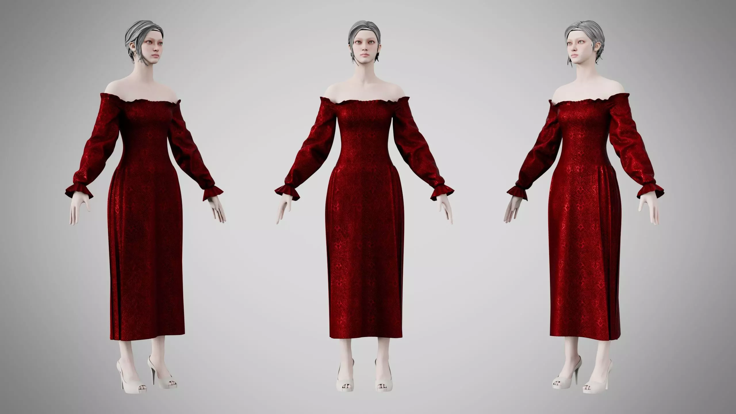 Dress 13 Burgundy Velvet With Design Low-poly 3D model