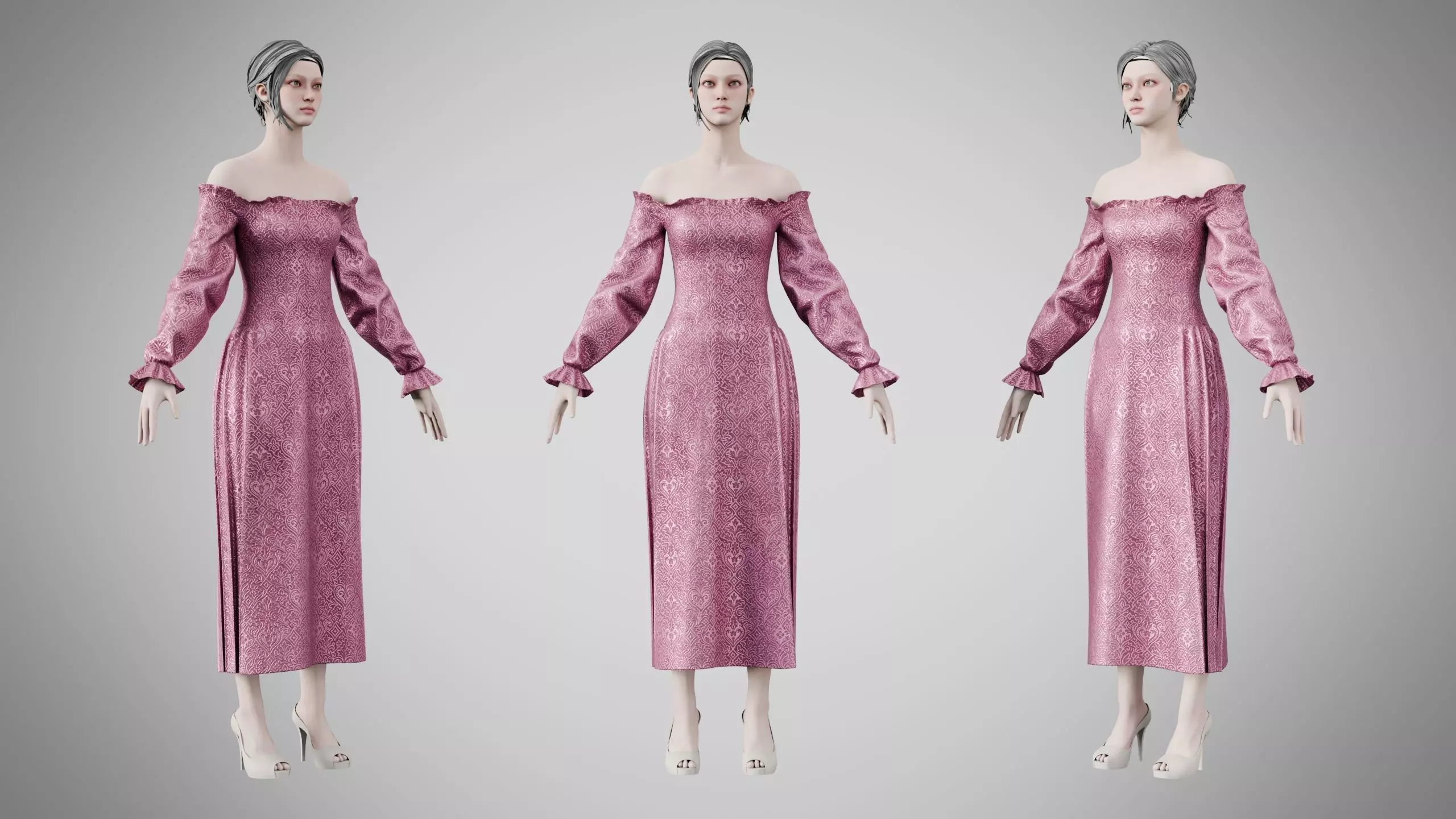 Dress 13 Dusty Rose Velvet With Design Low-poly 3D model