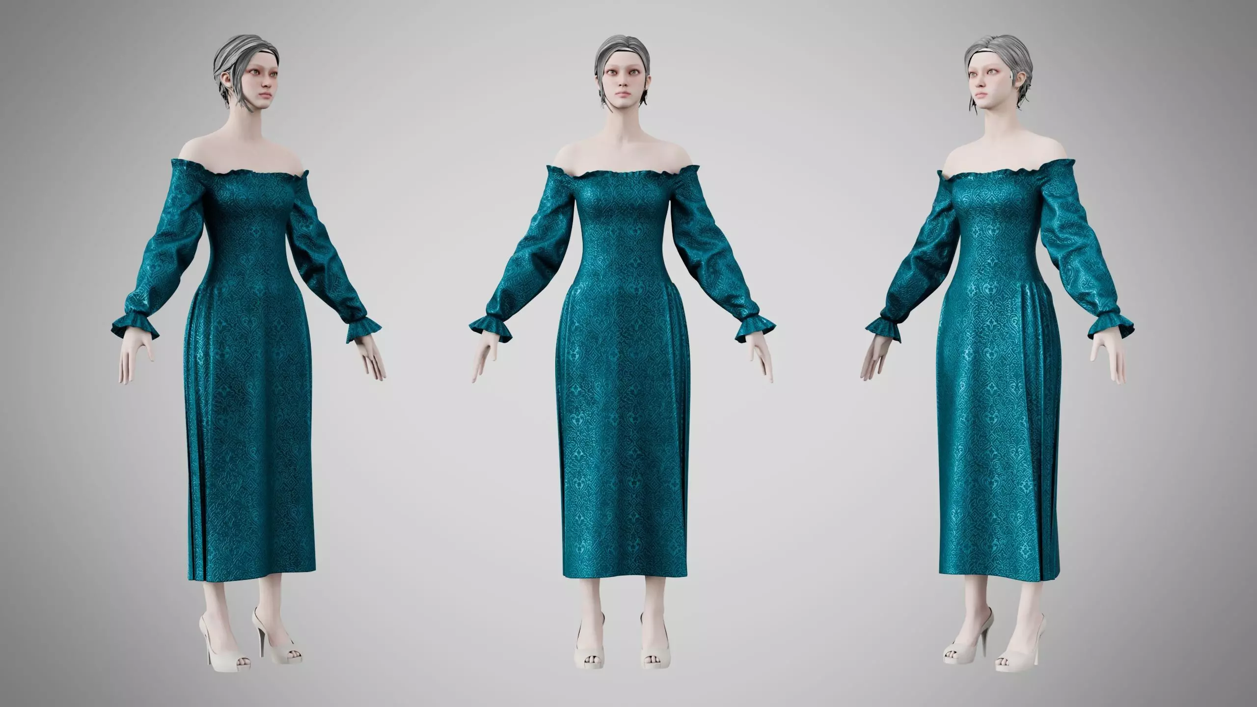 Dress 13 Teal Velvet With Design Low-poly 3D model