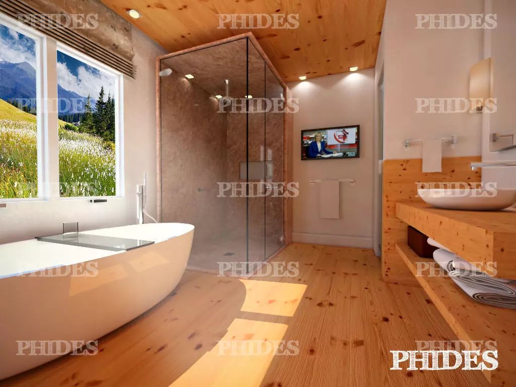 Bathroom with wood floors and mountains 3D model_0