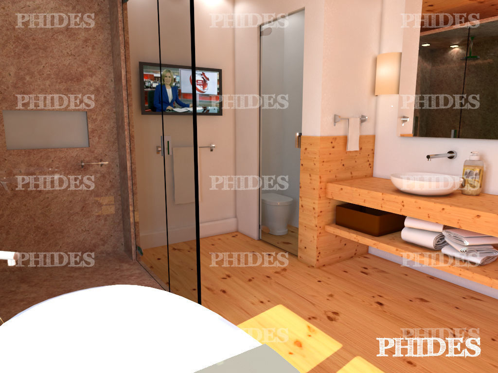 Bathroom with wood floors and mountains 3D model_2