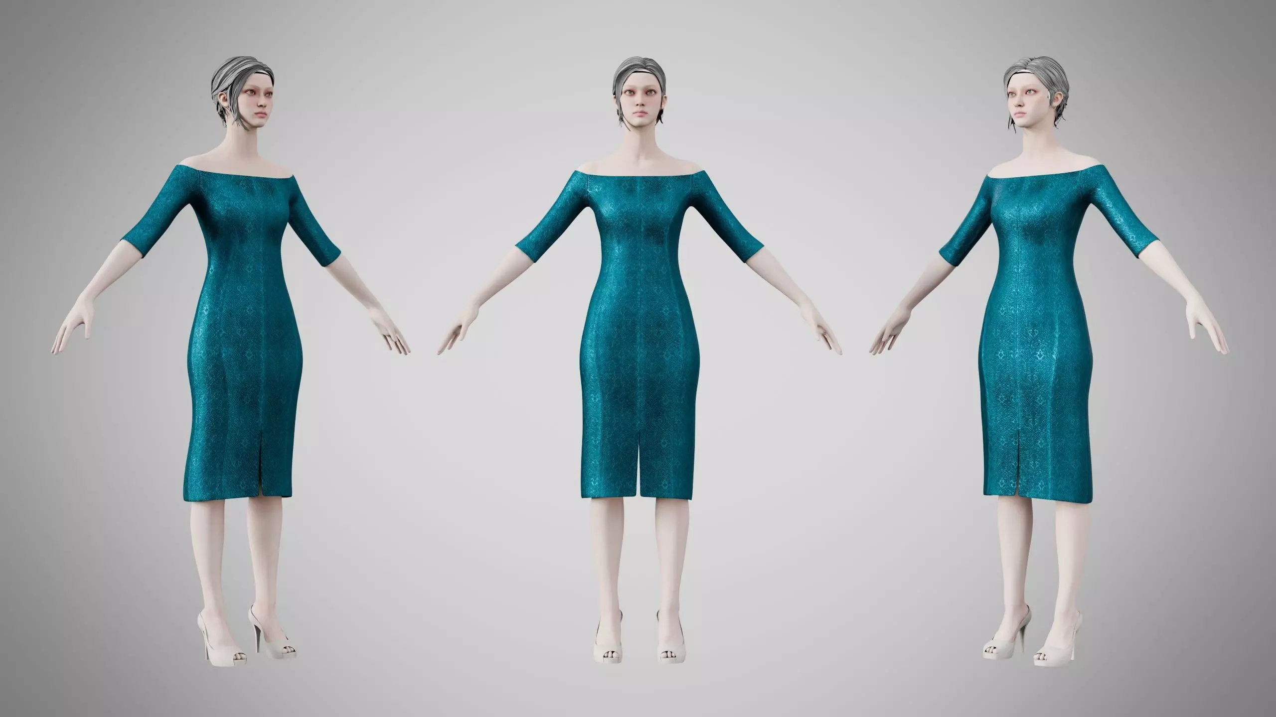 Dress 14 Teal Velvet With Design Low-poly 3D model