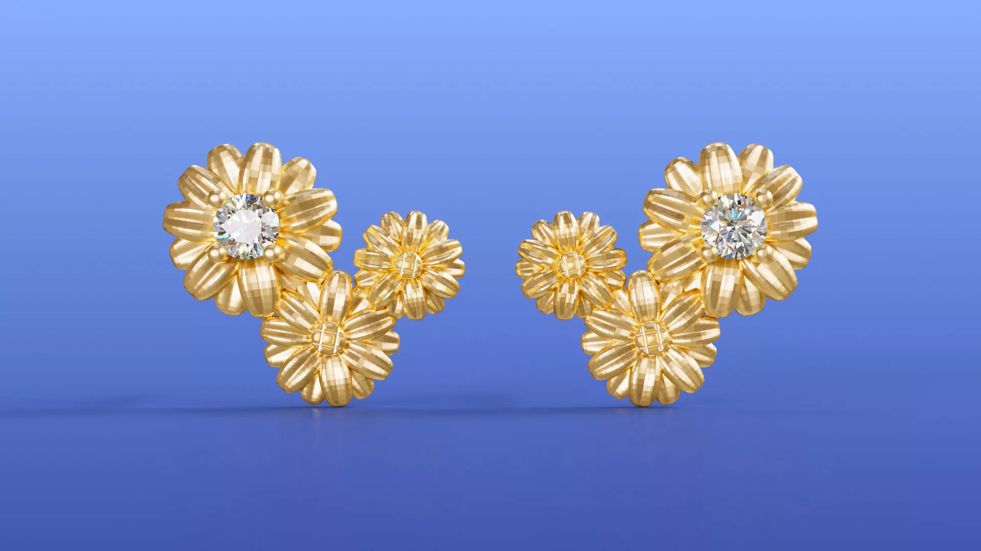 Cluster Daisy Diamond Stud Earrings Flower Design 3D print model