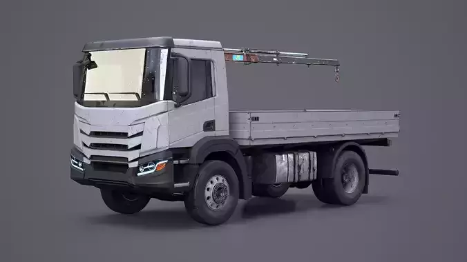 Realistic Flatbed Truck with Loader Crane Aged and Rusted 3D model
