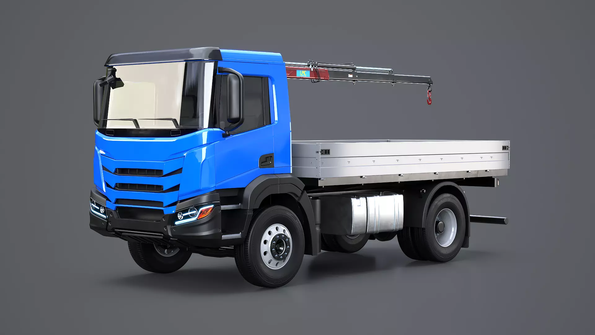 Realistic Flatbed Truck with Loader Crane 3D model
