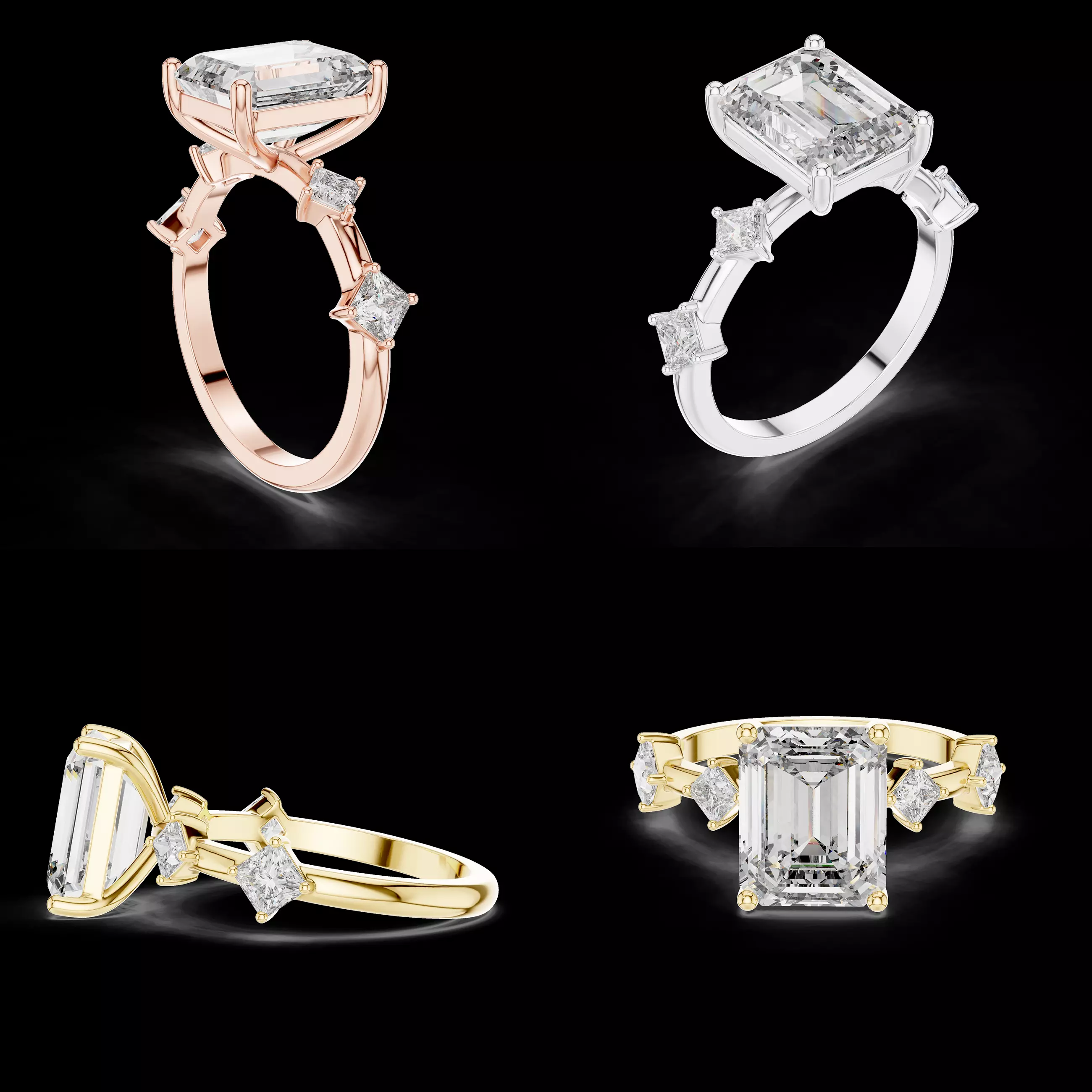 Emerald Cut Diamond Engagement Ring CAD Side Stone Design 3D print model