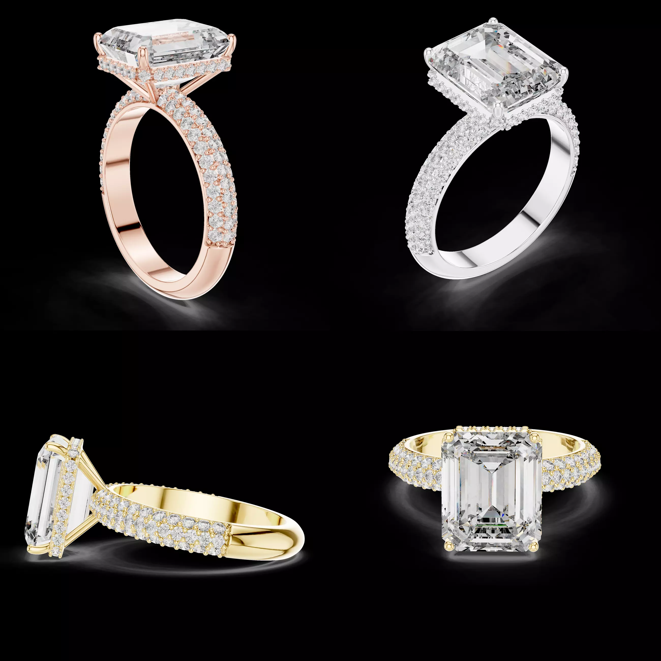 Emerald Cut Diamond Pave Engagement Ring CAD Luxury Design 3D print model