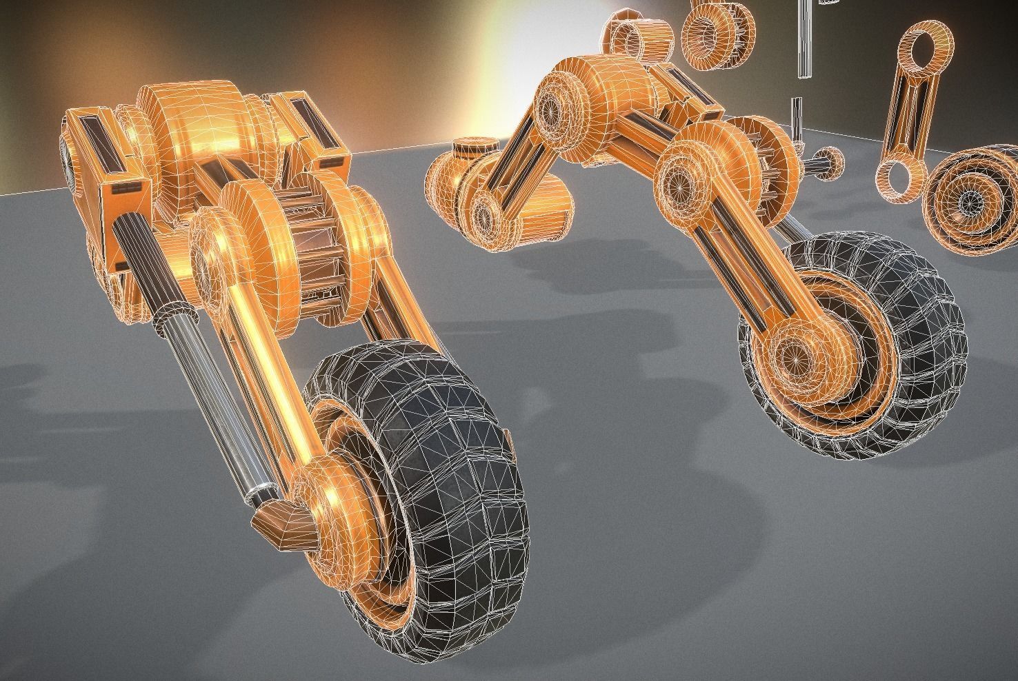 Hydraulic Suspension with Tires Orange Version Rig and Animation Low-poly 3D model_9