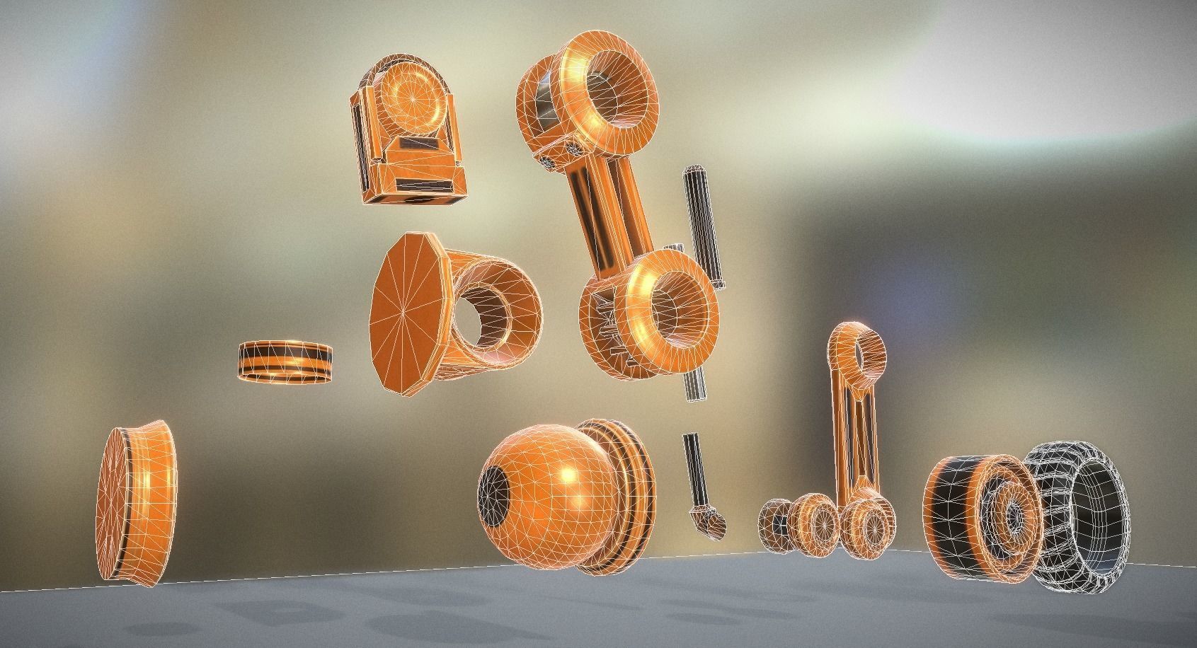 Hydraulic Suspension with Tires Orange Version Rig and Animation Low-poly 3D model_10