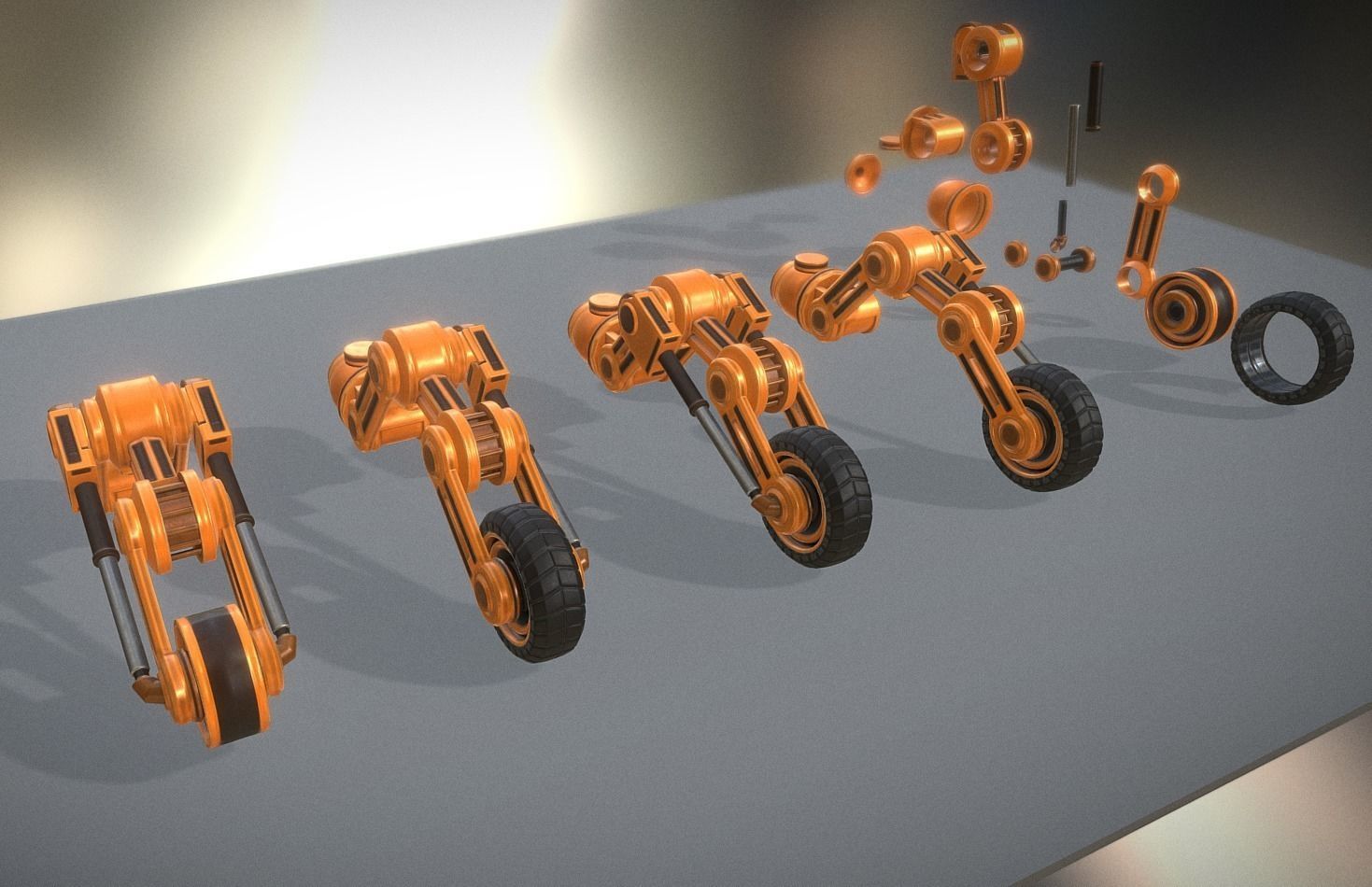 Hydraulic Suspension with Tires Orange Version Rig and Animation Low-poly 3D model_3