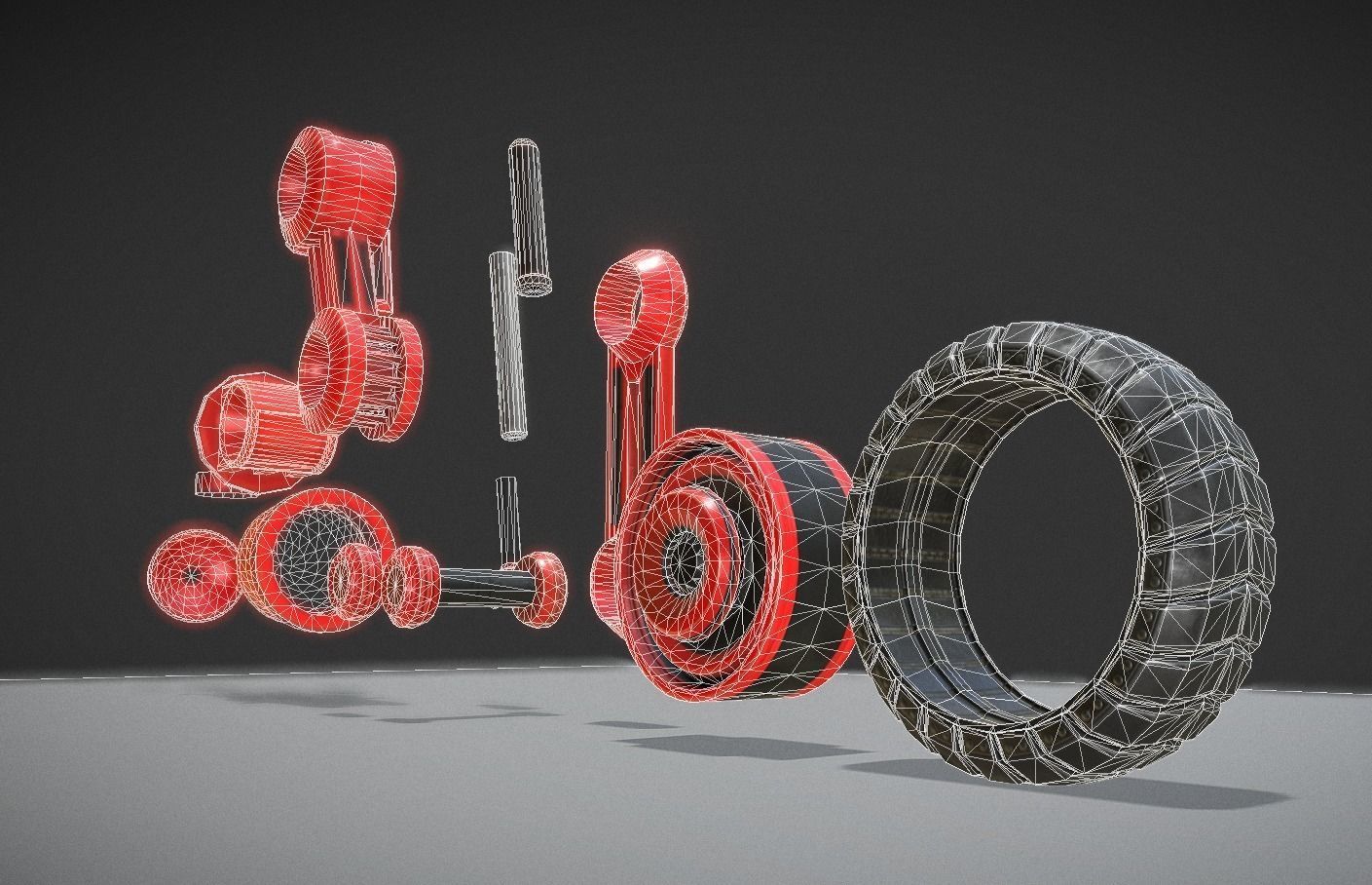 Hydraulic Suspension with Tires Neon Red Version Rigged Low-poly 3D model_11