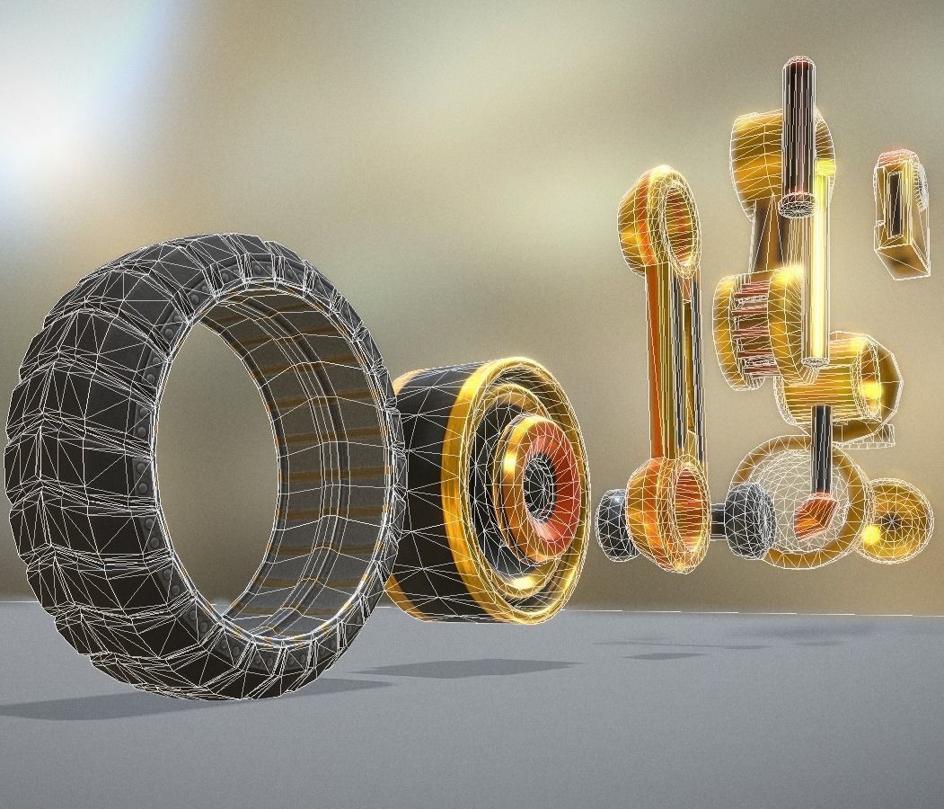 Hydraulic Suspension with Tires Yellow Version Rigged  Low-poly 3D model_8