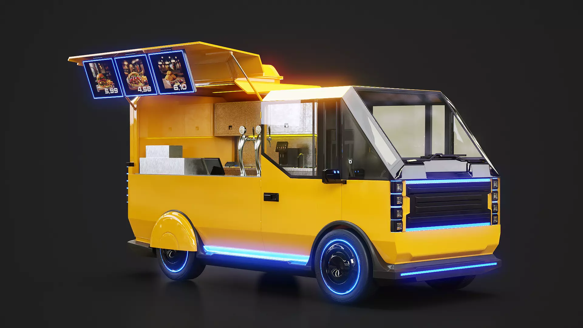 Futuristic Cyberpunk Street Food Truck -Neon Sci-Fi Food Van Low-poly 3D model