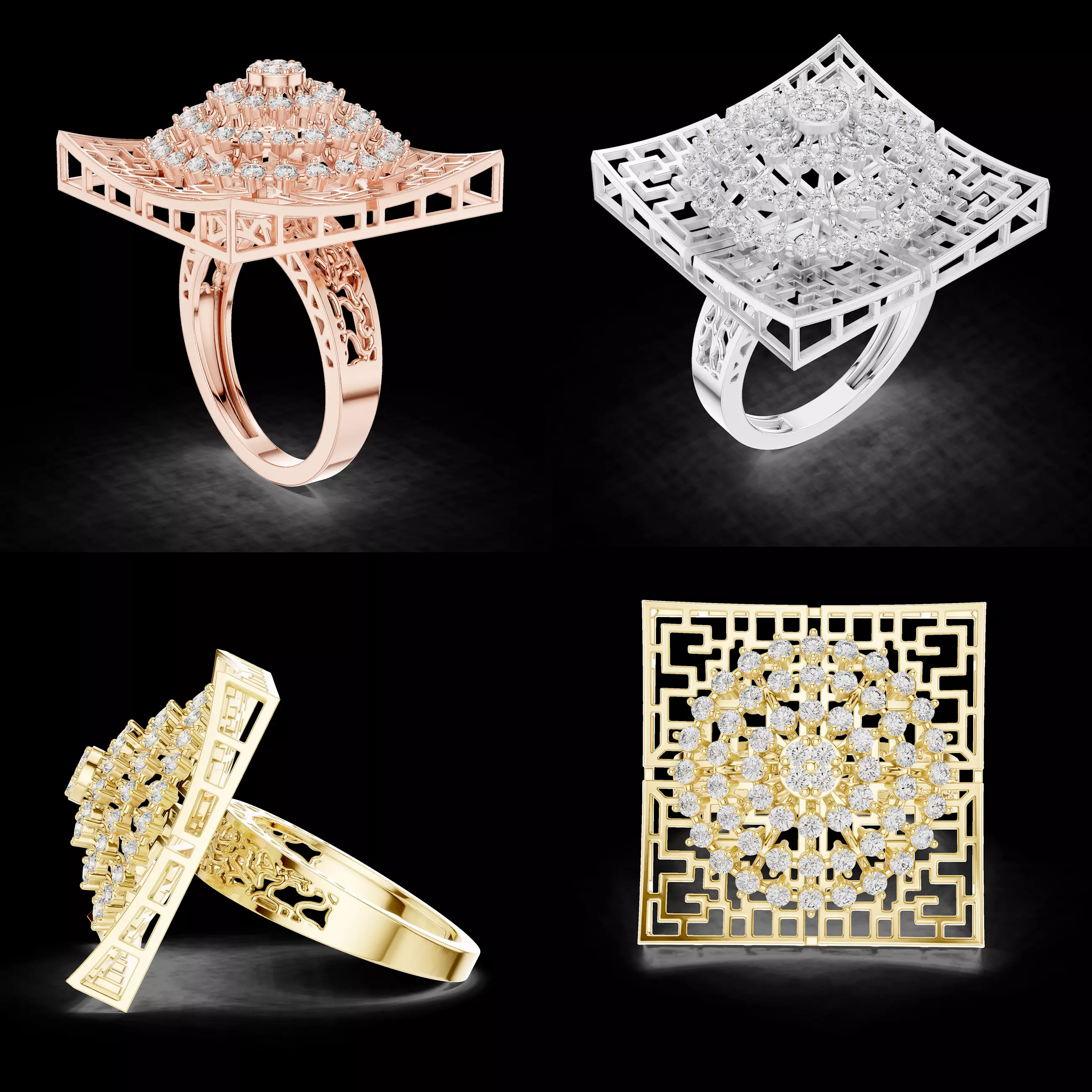 Square Lattice Diamond Statement Ring CAD Design 3DM STL 3D print model