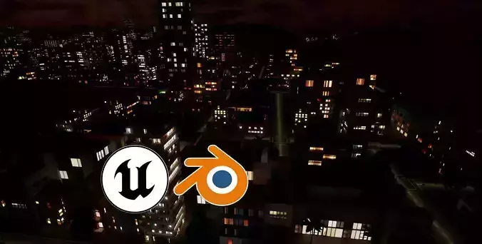 3x3 km Complete Downtown City Level NIGHT Unreal UE5 Low-poly 3D model