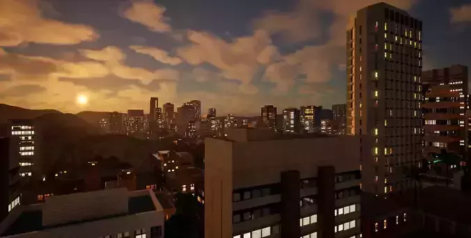 3x3 km Complete Downtown City Level NIGHT Unreal UE5 Low-poly 3D model 6