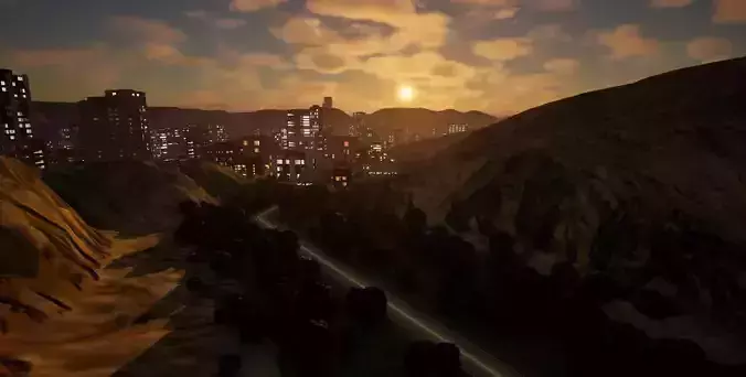 3x3 km Complete Downtown City Level NIGHT Unreal UE5 Low-poly 3D model 7