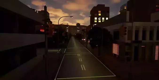 3x3 km Complete Downtown City Level NIGHT Unreal UE5 Low-poly 3D model 2