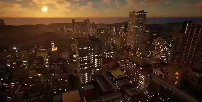 3x3 km Complete Downtown City Level NIGHT Unreal UE5 Low-poly 3D model 3