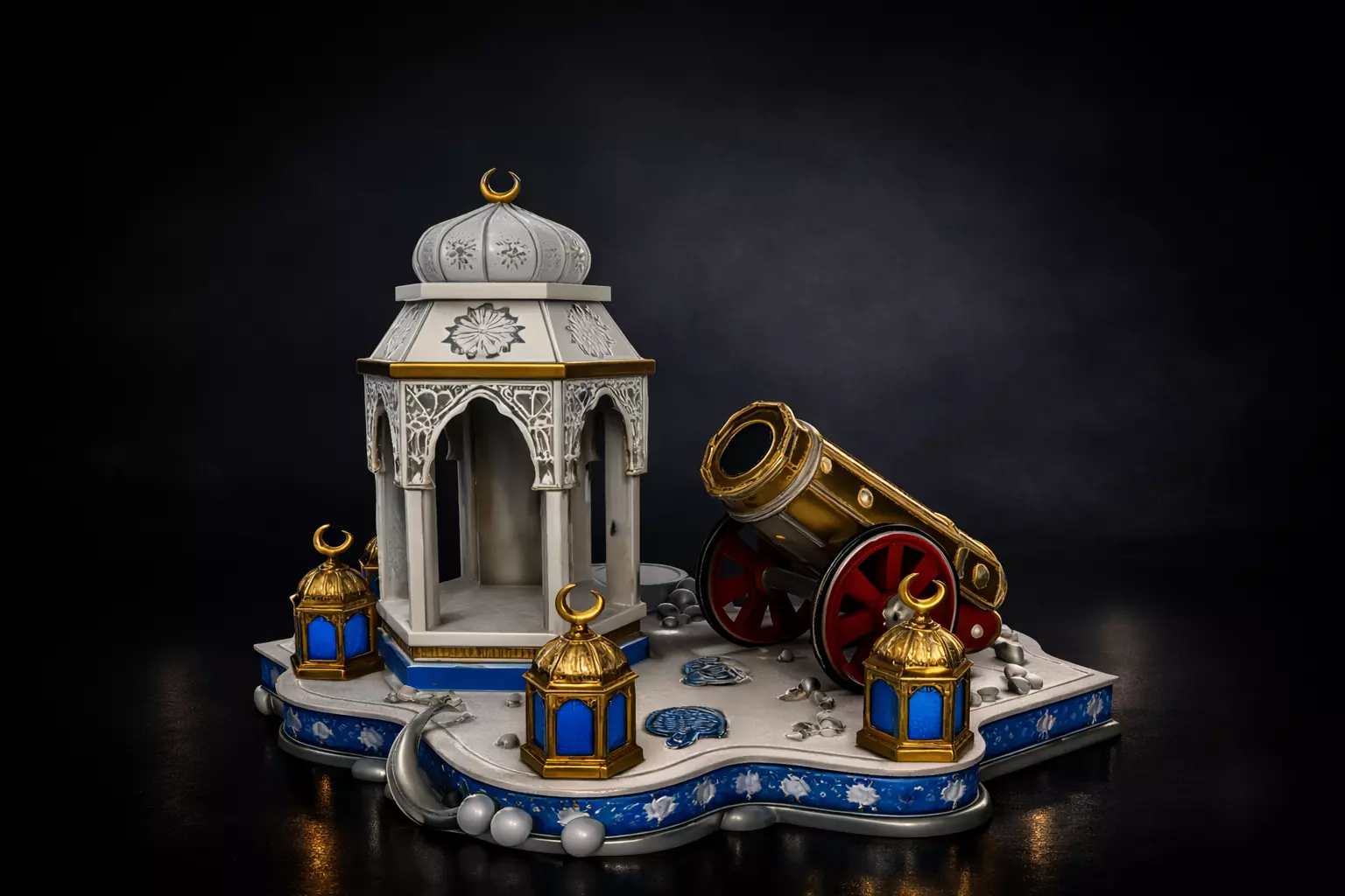Ramadan Islamic Lantern and Mosque Scene with Cannon 3D print model