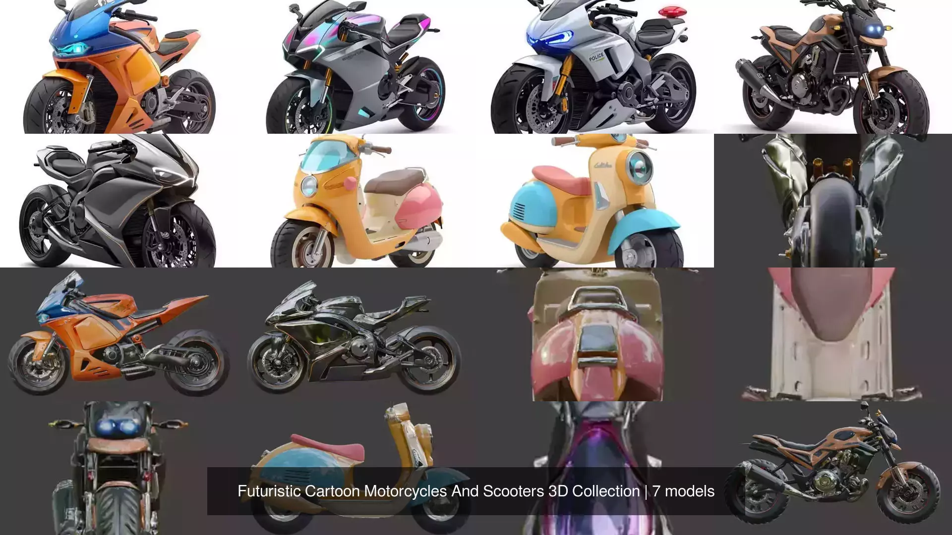 Futuristic Cartoon Motorcycles And Scooters 3D Collection 3D Model Pack