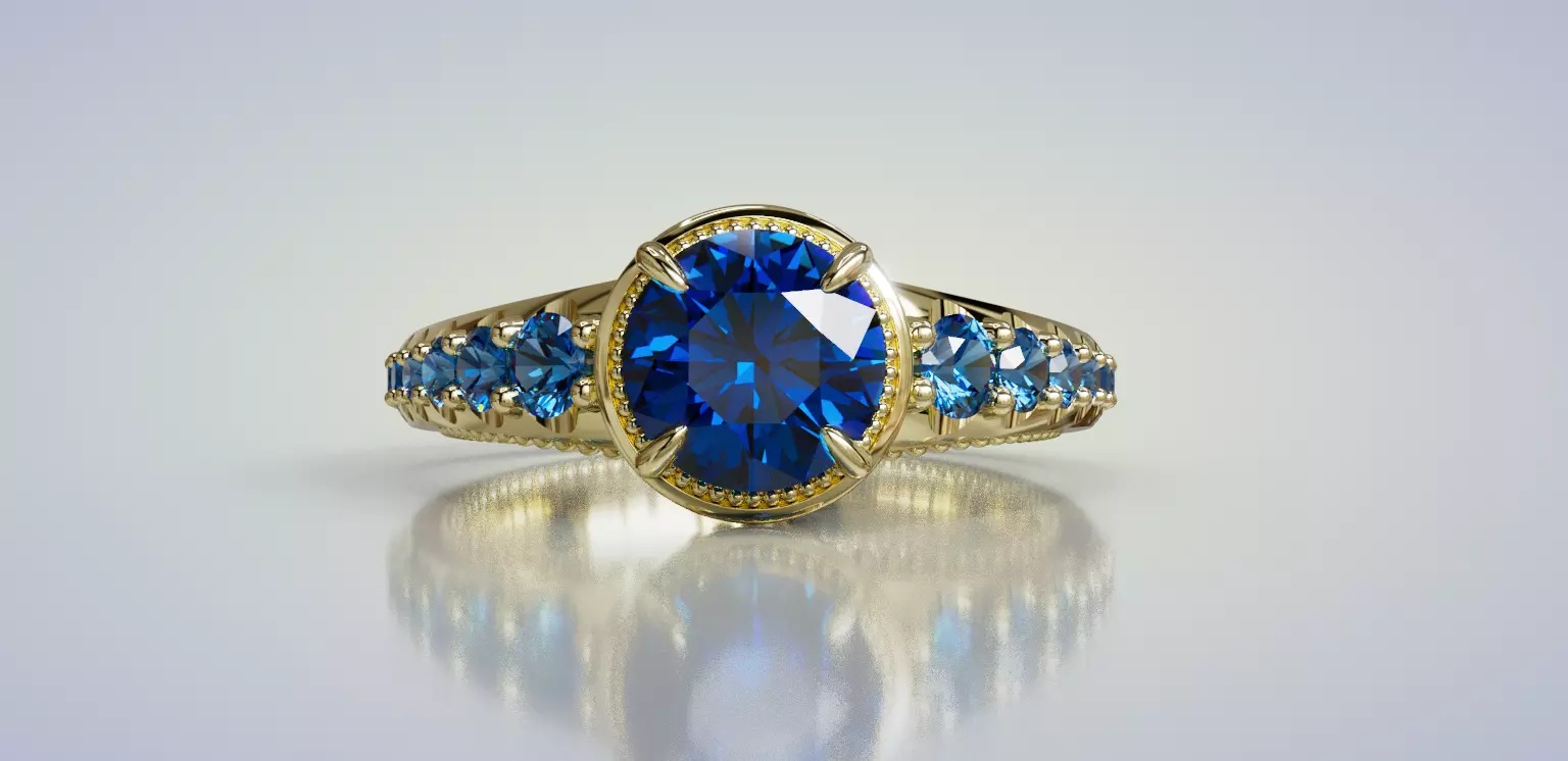 Round Bridal Ring with Blue Sapphire- Elegant Gold Ring 3D print model