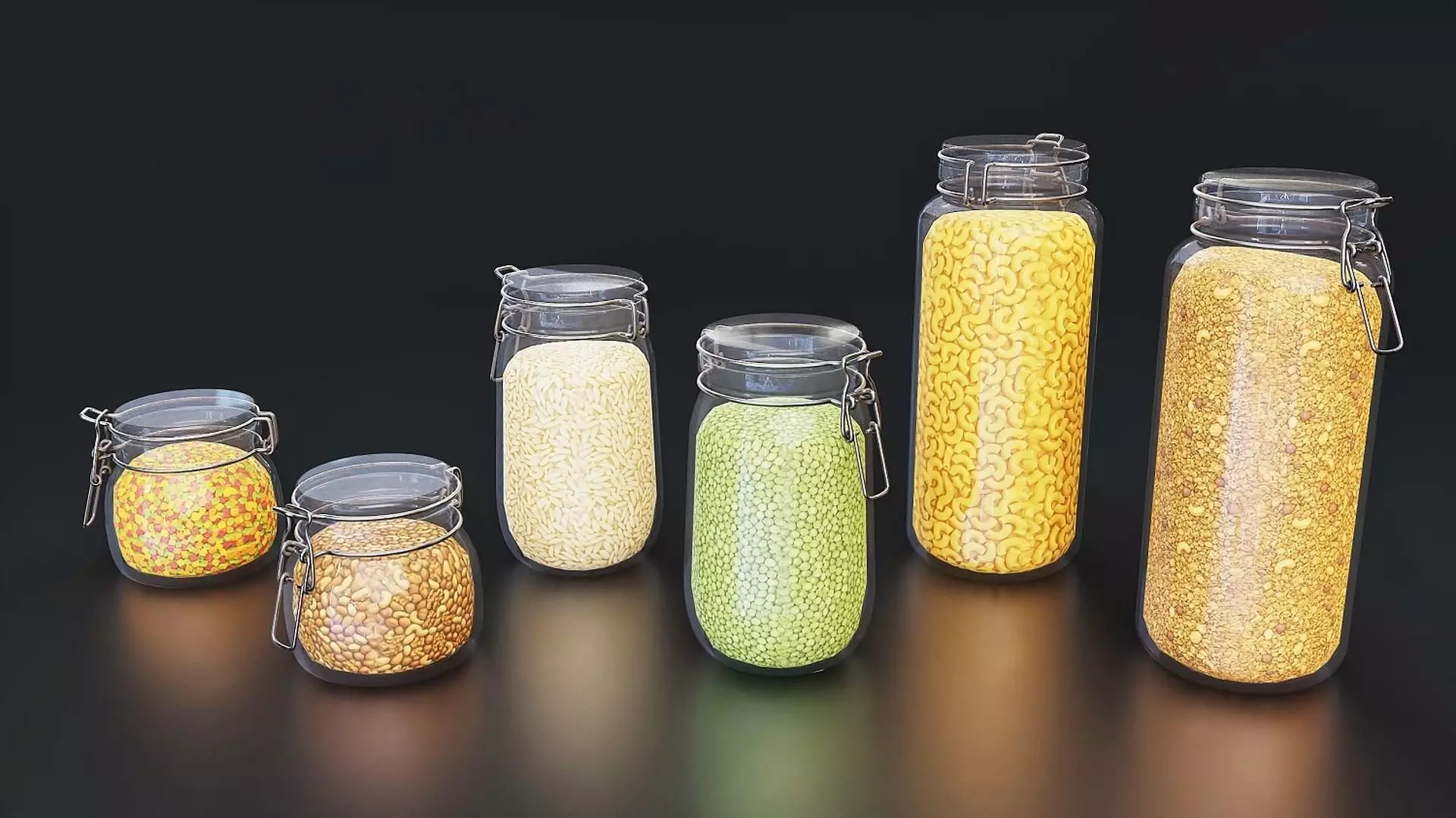 Glass Pantry Jar Set with Dry Food Contents 3D Model Low-poly 3D model