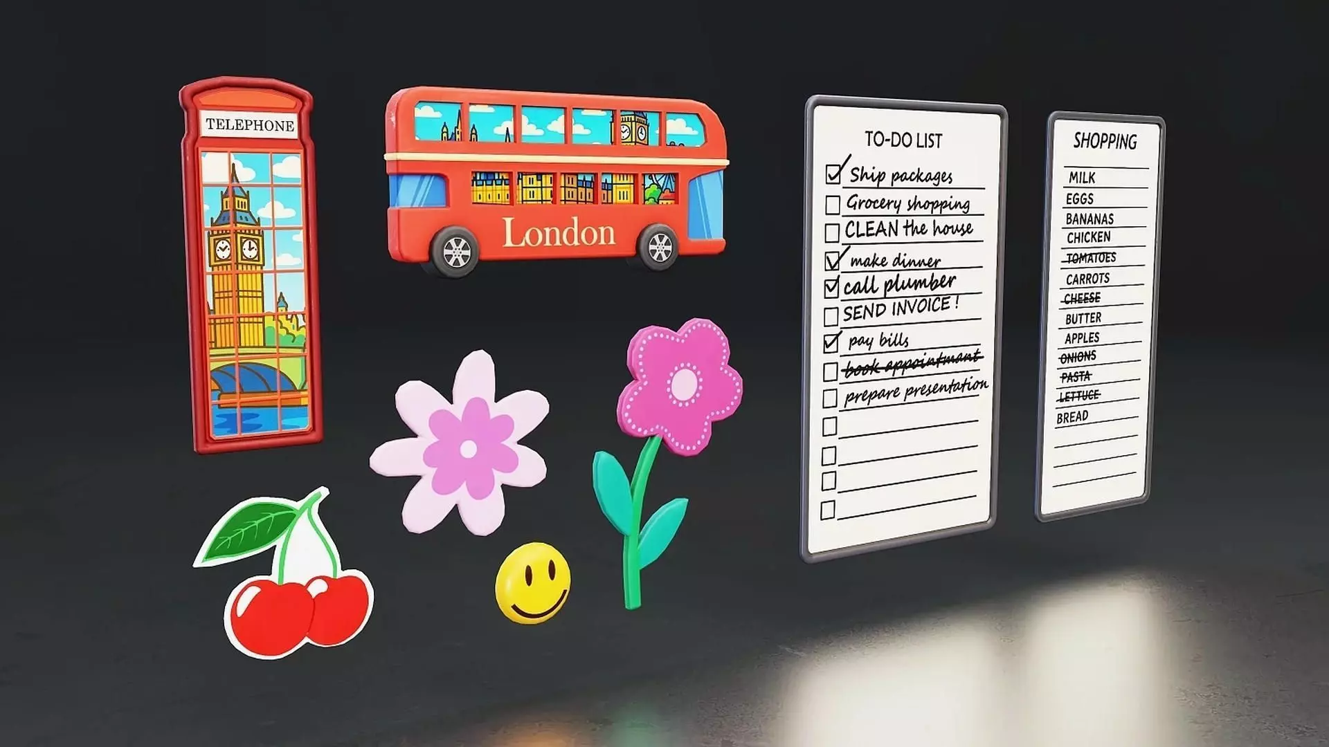 To-Do Notes and Cute Magnet Set 3D Model Low-poly 3D model