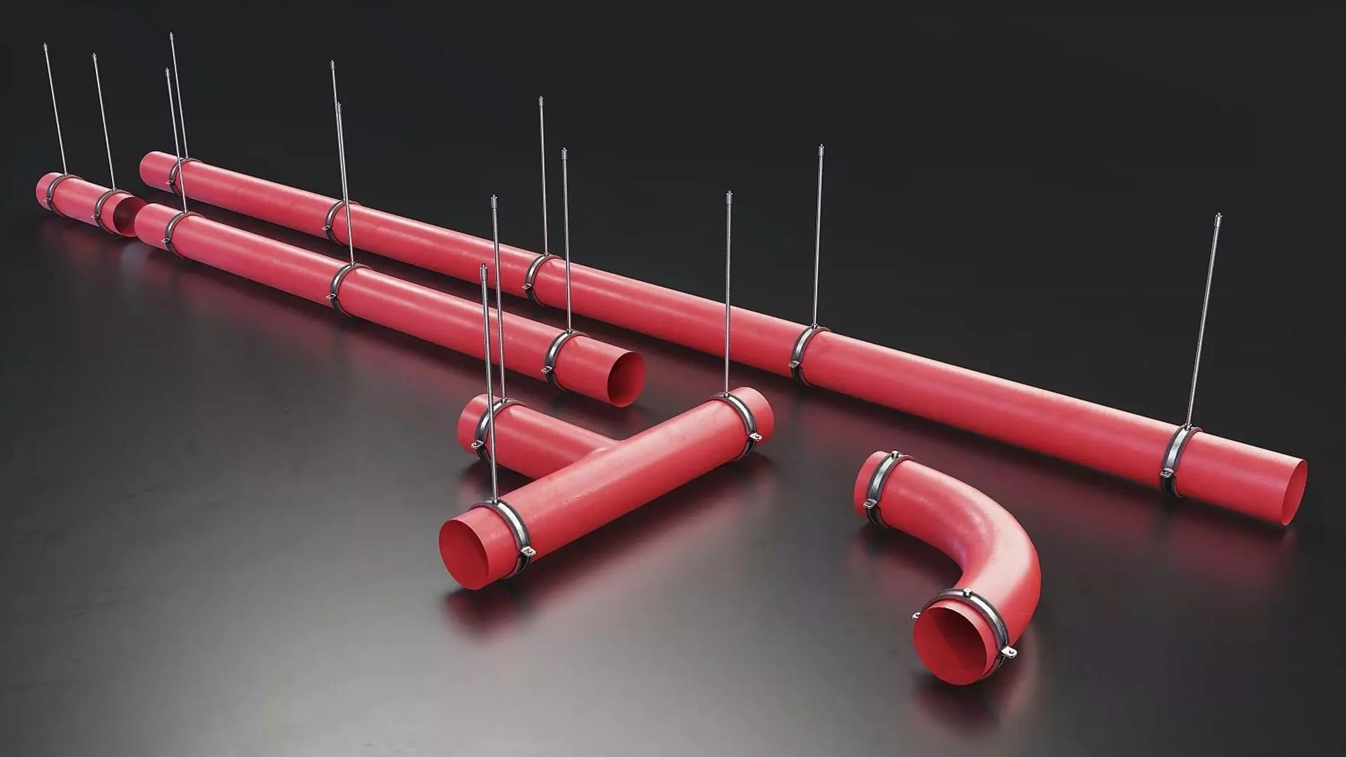 Red Suspended Industrial Pipe Set Low-poly 3D model