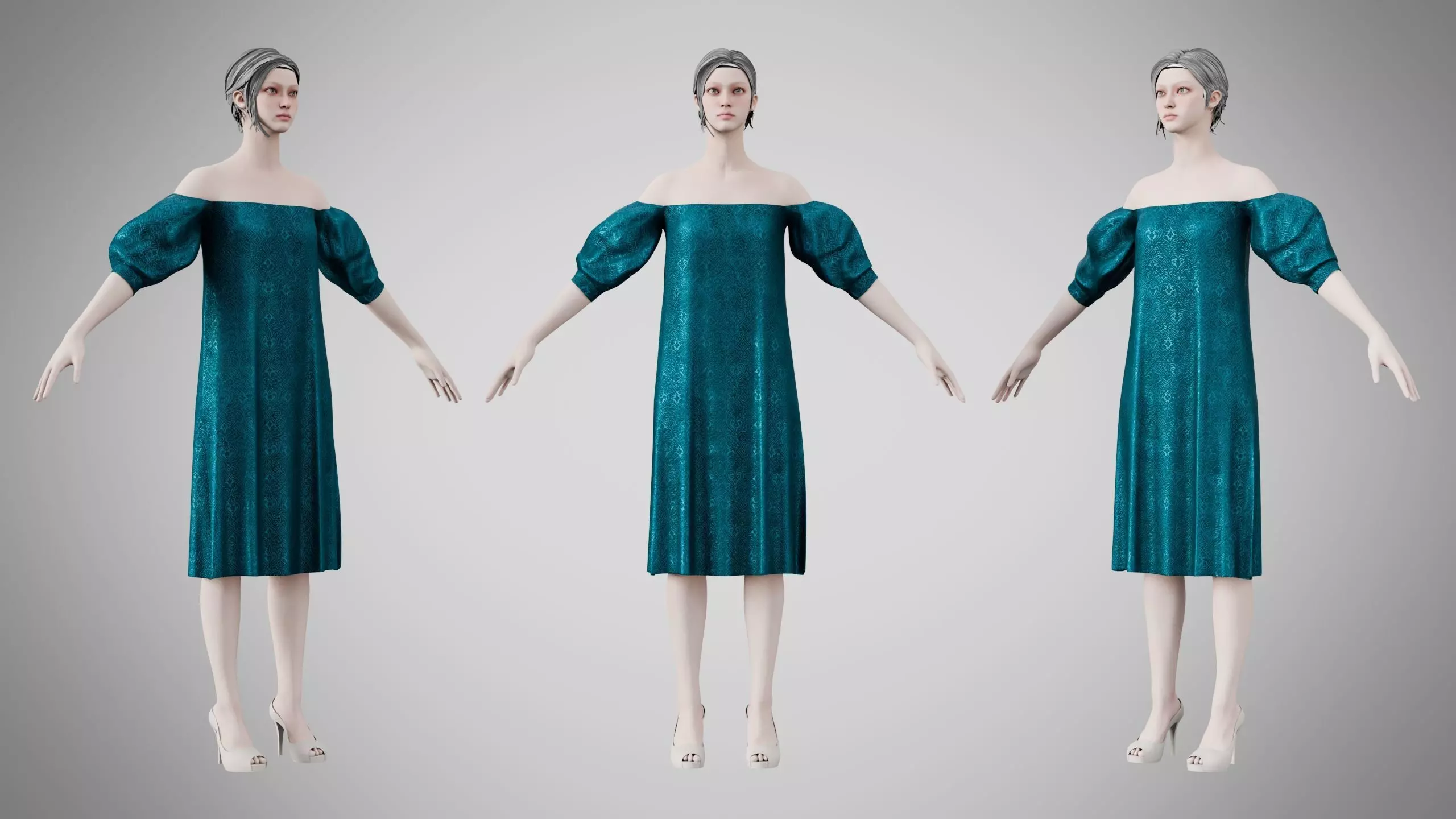 Dress 15 Teal Velvet With Design Low-poly 3D model