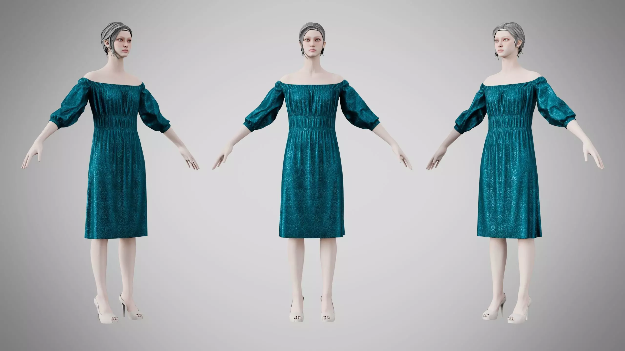 Dress 16 Teal Velvet With Design Low-poly 3D model