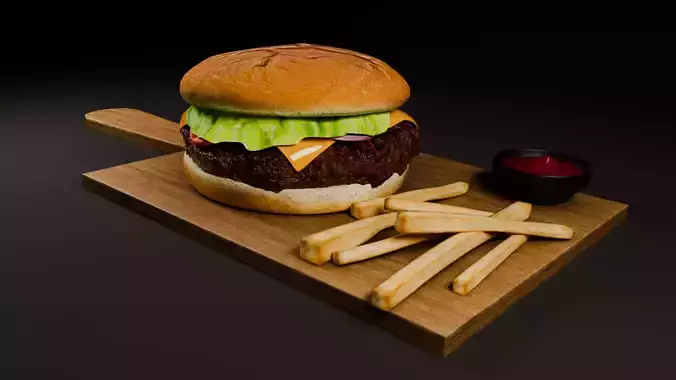 Burger with Fries 3D Food Asset 3D model 3