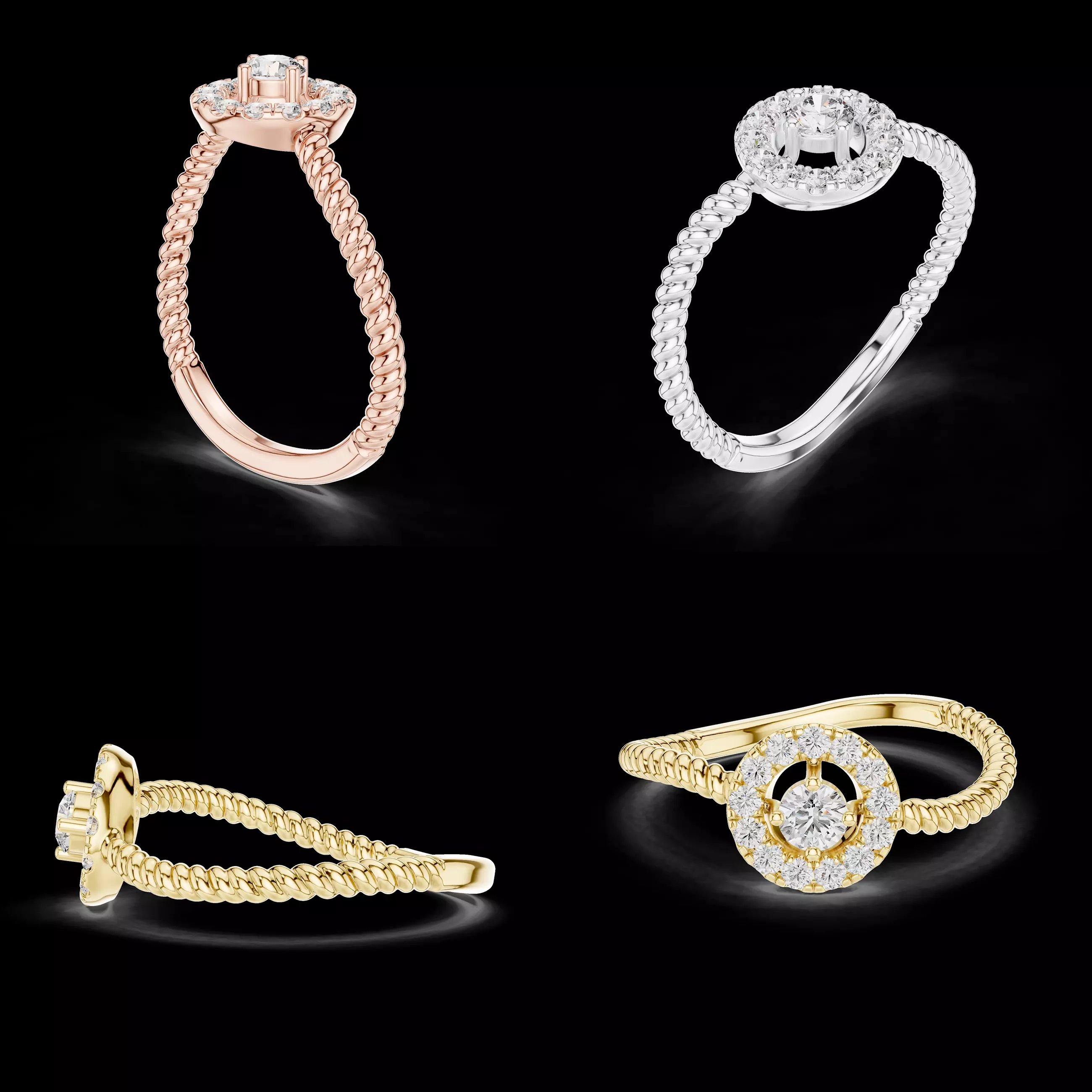 Twisted Rope Halo Diamond Engagement Ring CAD 3D Model 3D print model