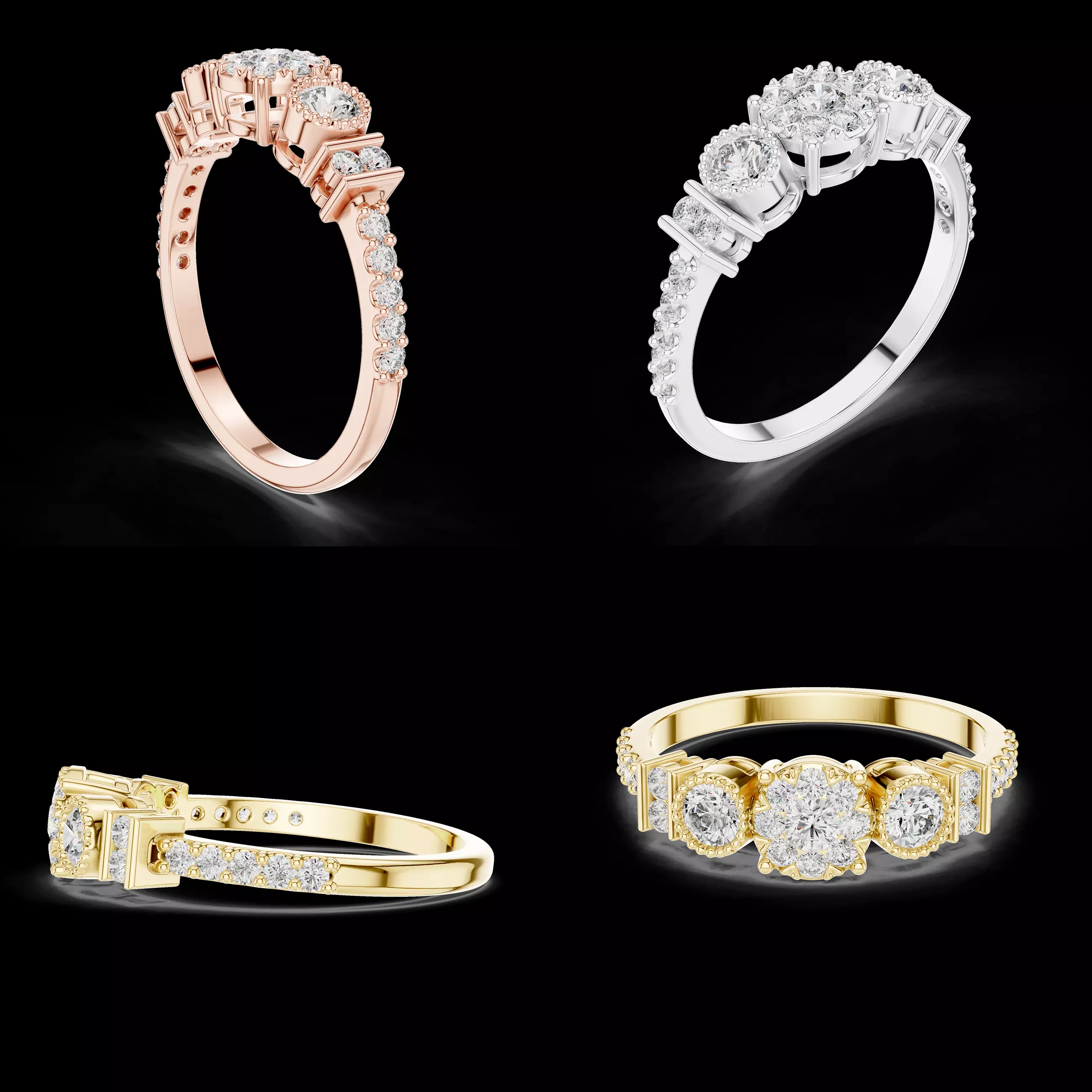 Elegant Three Stone Diamond Ring CAD Design 3DM STL 3D print model