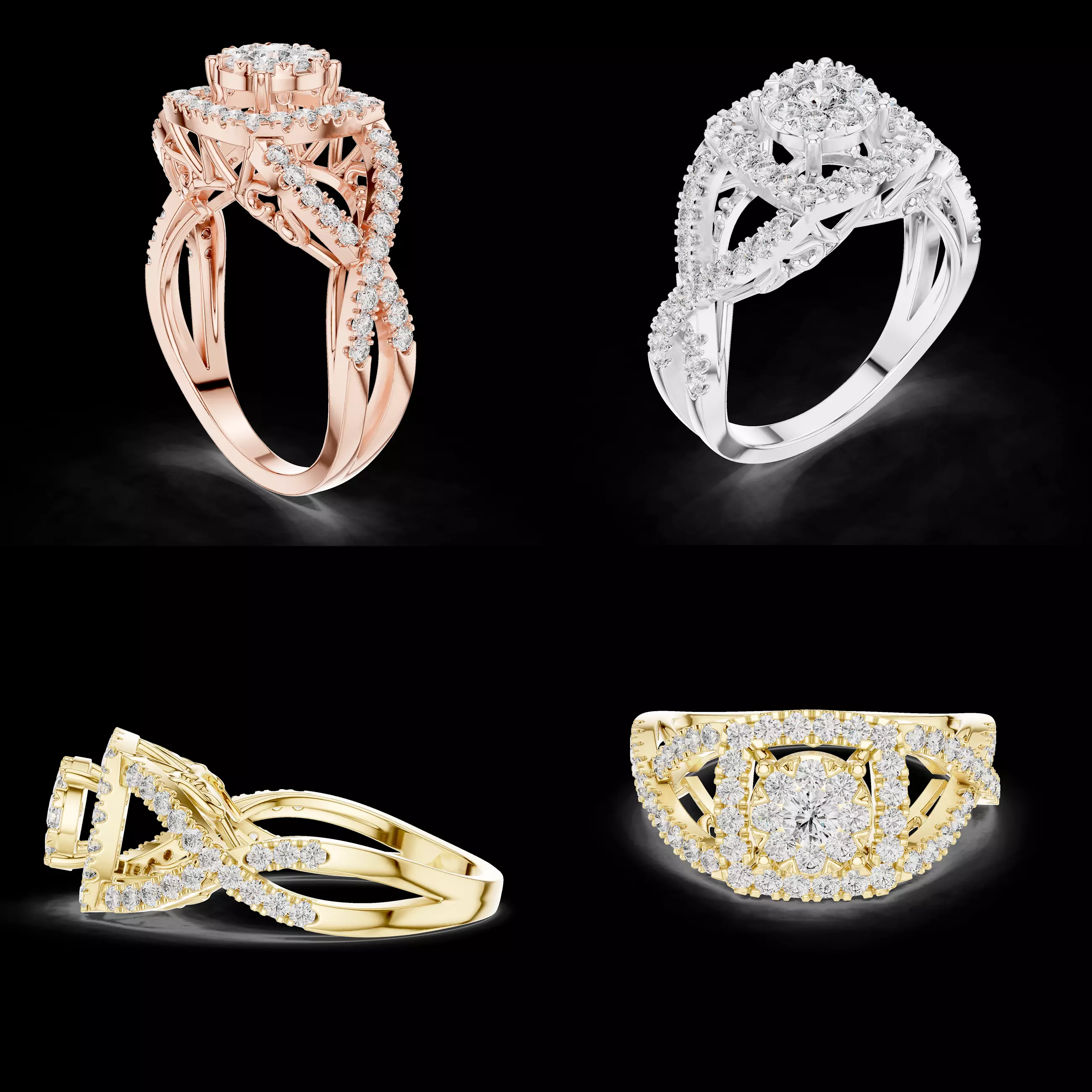 Luxury Crossover Double Halo Ring CAD Design 3DM STL 3D print model