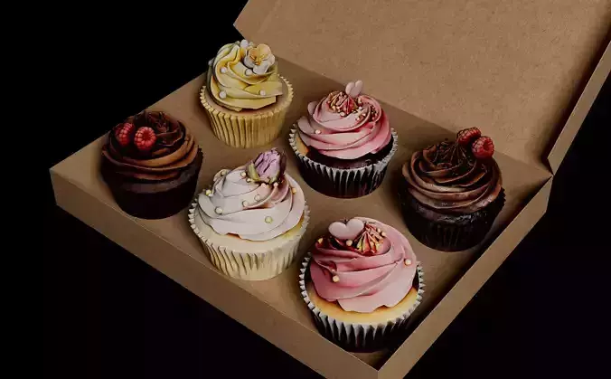 Photorealistic Cupcakes in Box High Quality Bakery 3D Model Low-poly 3D model