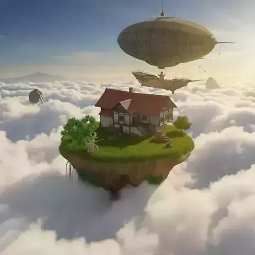 Floating Island with Steampunk Airship 3D model