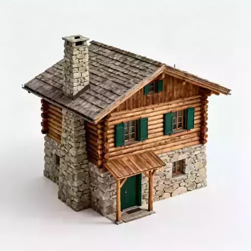 Traditional Alpine Stone and Log Chalet 3D Model