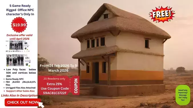 Stylized Traditional Mud House Game Ready 3D Model