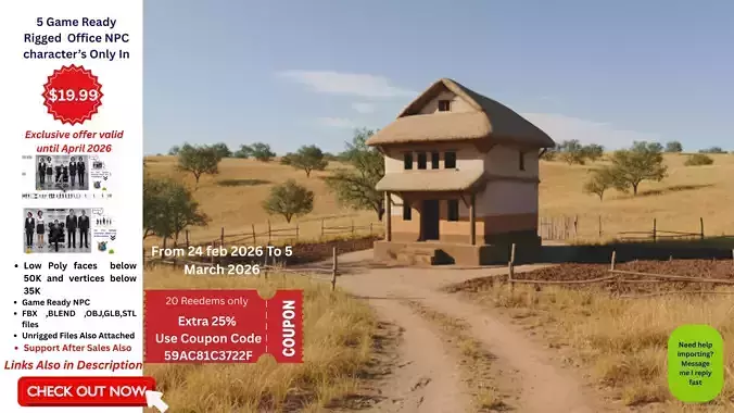 Stylized Traditional Mud House Game Ready 3D Model