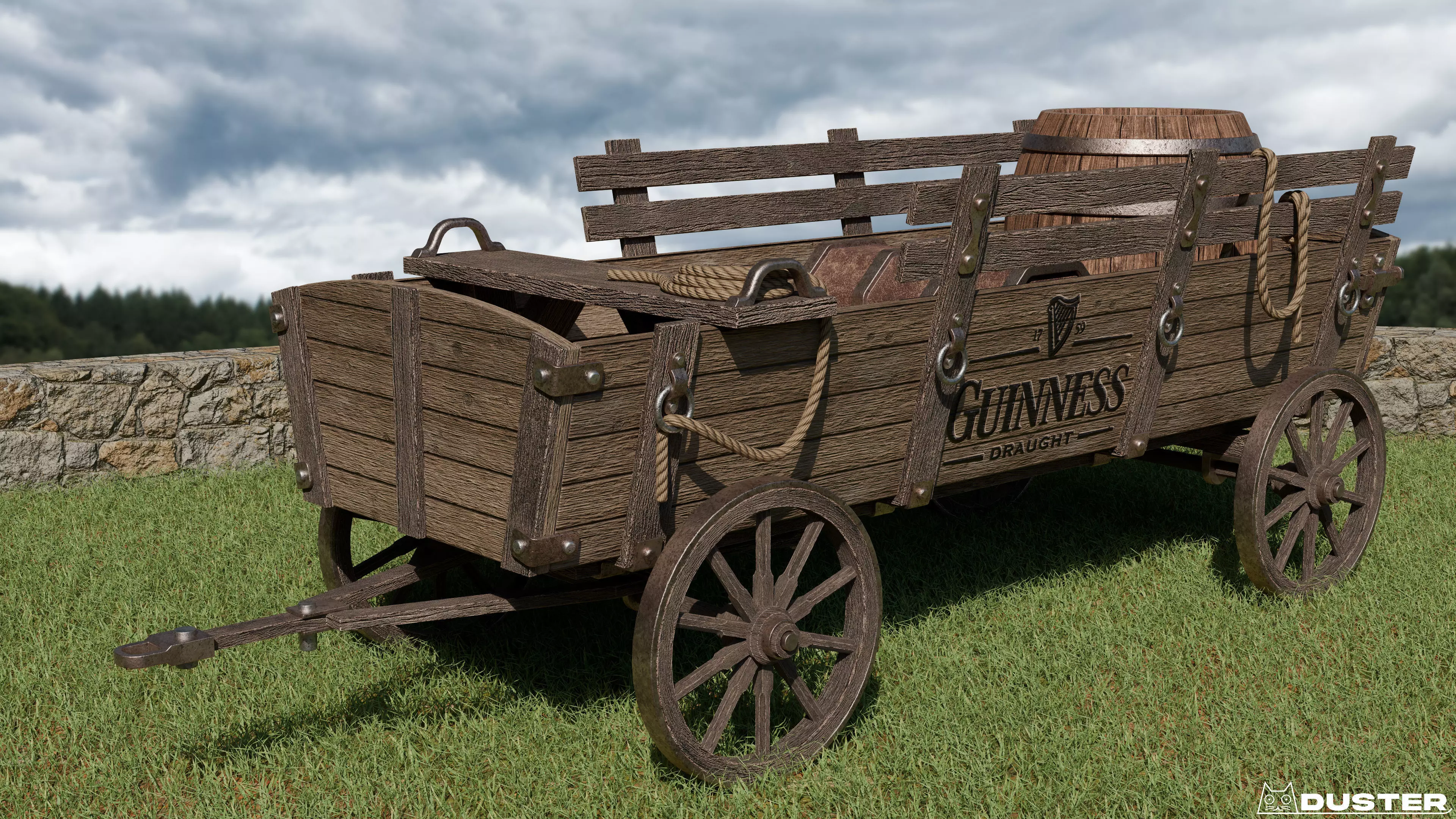 Wooden horse-drawn wagon Low-poly 3D model