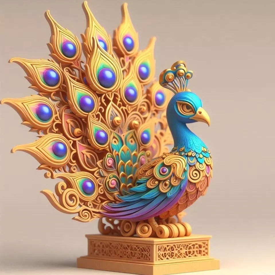 3222Colorful 3D Model of a Peacock on Base totem STL 3D print model