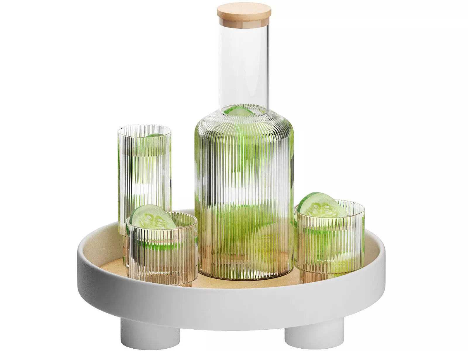 round platform tray with ripple carafe water and cucumbe 3D model
