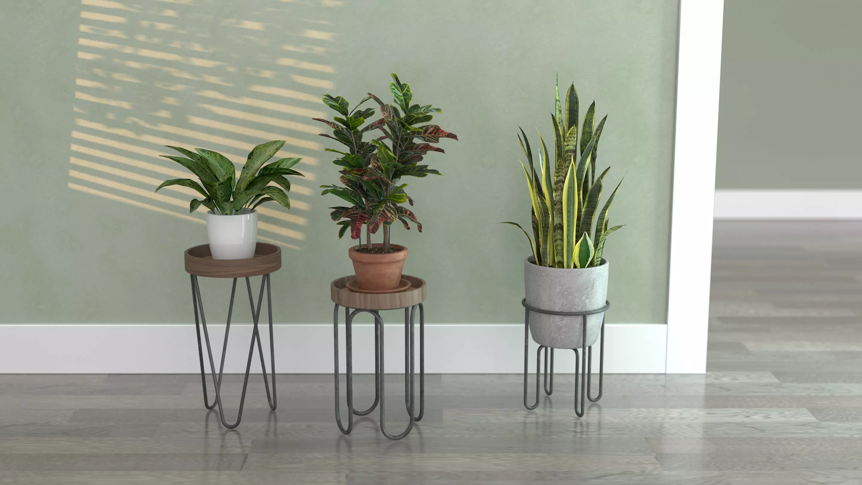 Plant Stands with Three Houseplants 3D model