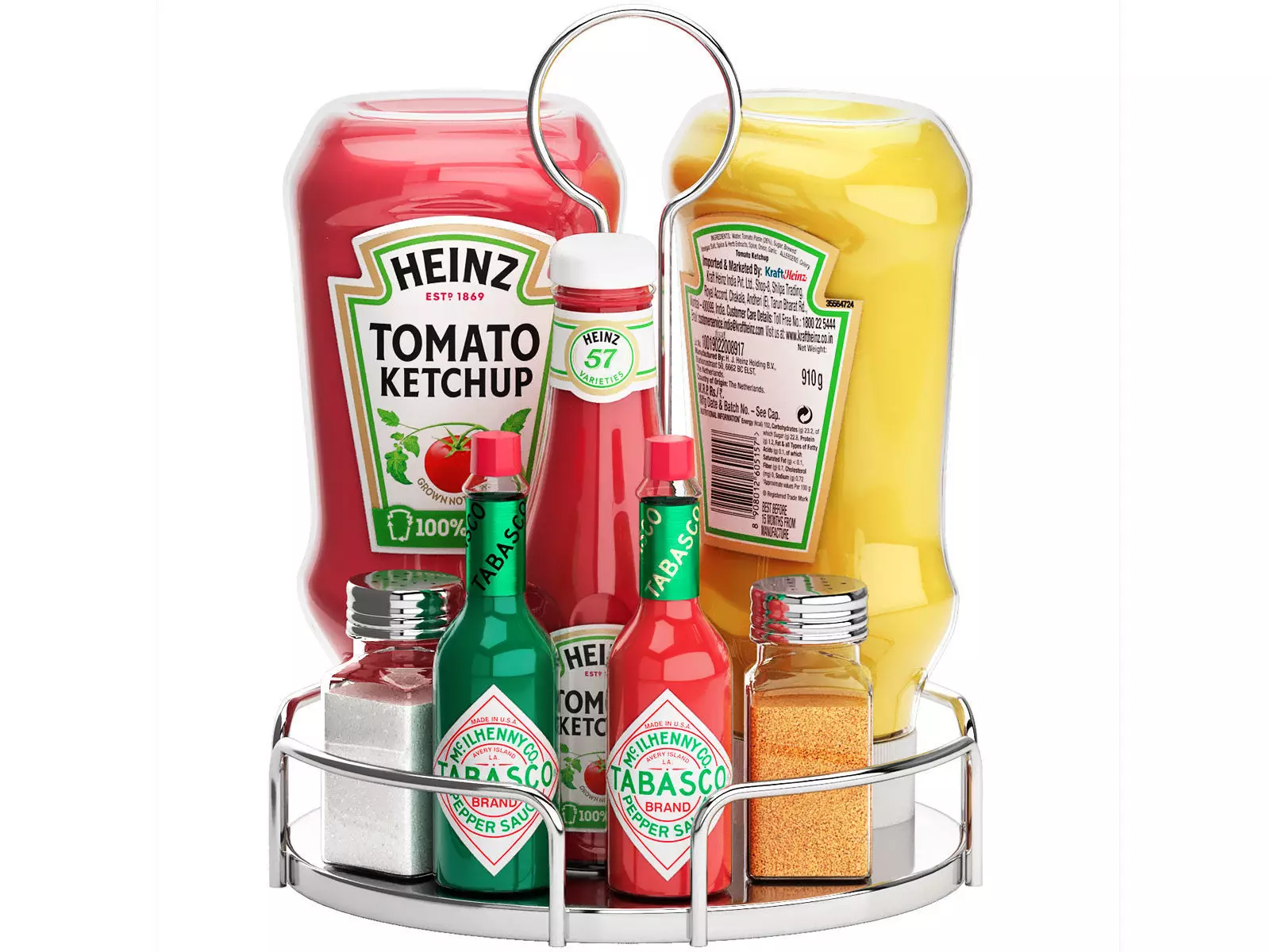 tray of ketchup heinz tabasco and sugar jars 3D model