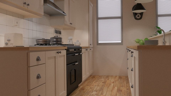 kitchen with cabinets and wooden floors 3D model