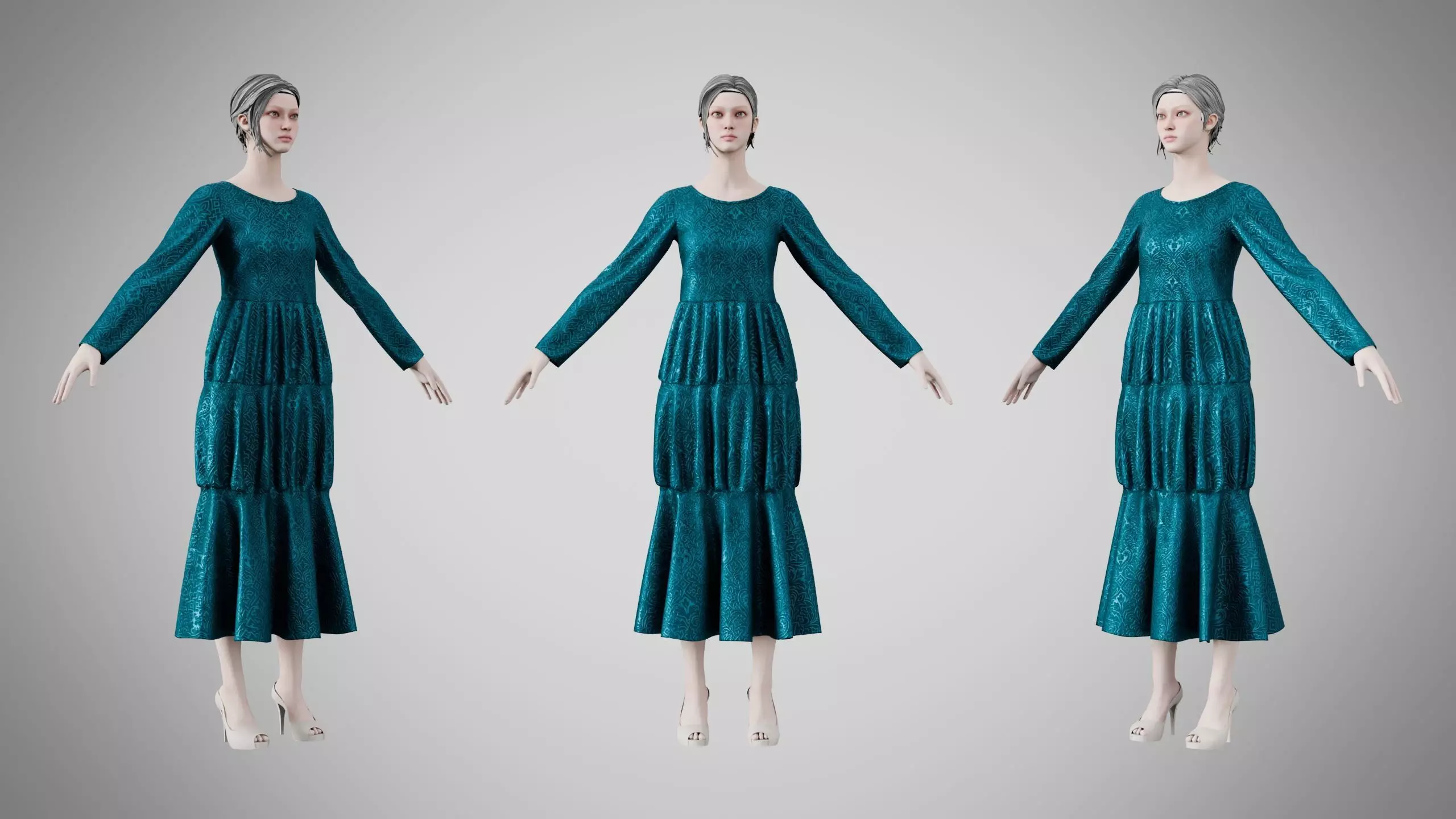 Dress 25 Teal Velvet With Design Low-poly 3D model