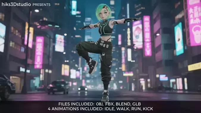 Anime-Style Sci-Fi Female Character with Animations Low-poly 3D model